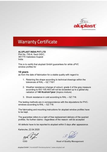 ALUPLAST INDIA Warranty Certificate Tropen